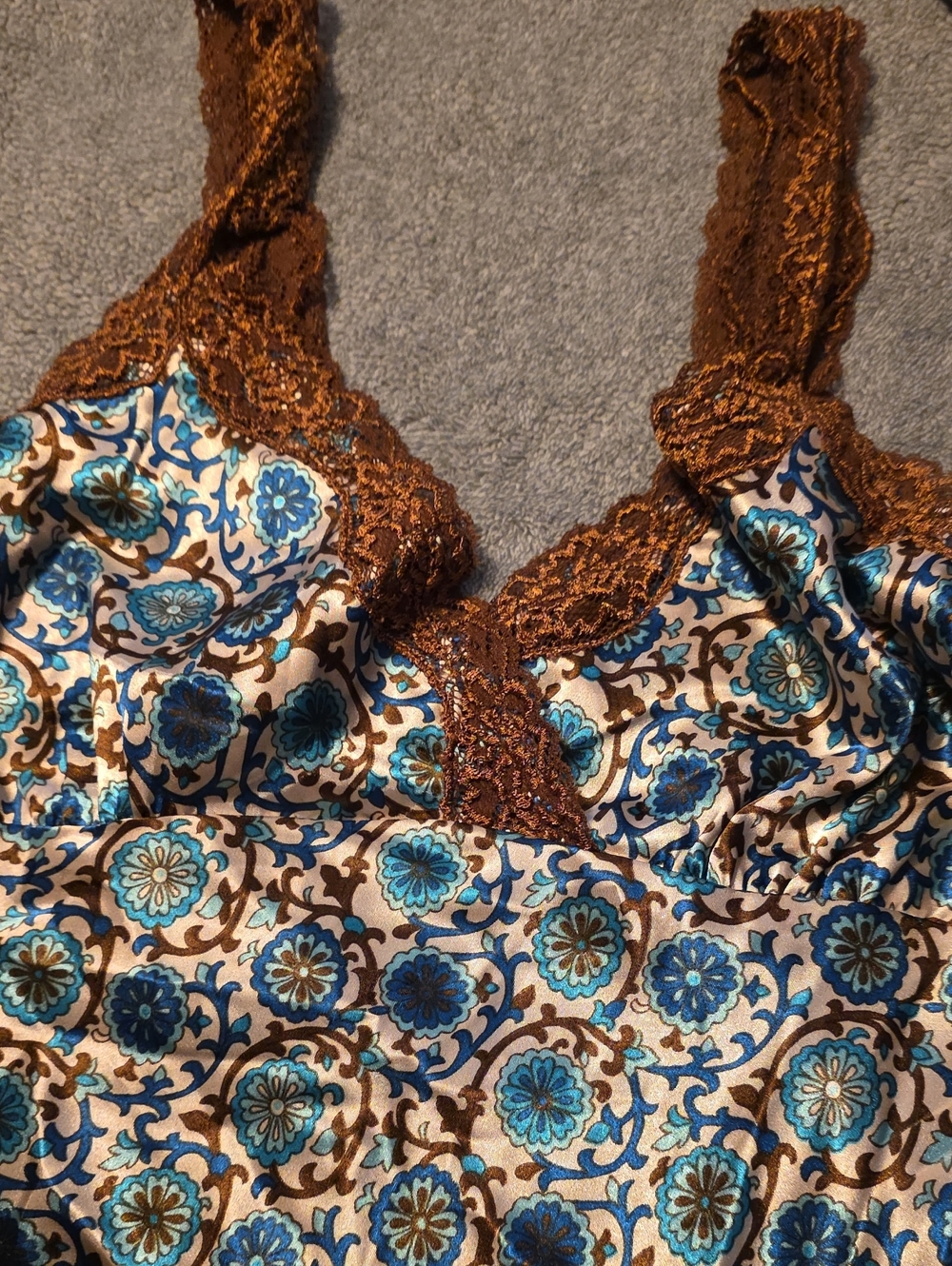 Self Esteem Brown Lace-Trim Satin Camisole with Blue Floral Print